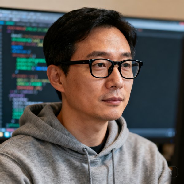 球吧网技术合伙人陈浩的半身照，一位35岁左右的男性，戴黑框眼镜，穿着灰色连帽卫衣，眼神专注，背景是代码屏幕