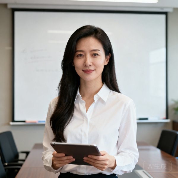 球吧网产品总监王雅婷的半身照，一位32岁的女性，长发披肩，穿白色衬衫，手持平板电脑，站在会议室白板前