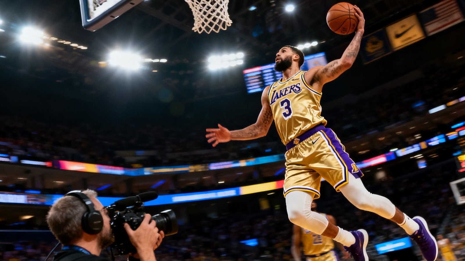 NBA赛场上湖人队与勇士队的精彩对决直播画面，金色球衣的湖人球员正在突破上篮，篮筐下方摄影师仰角拍摄，现场灯光璀璨